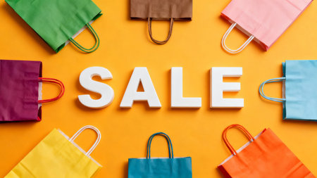 Shopping bags with sale text on yellow background. Top view.の素材