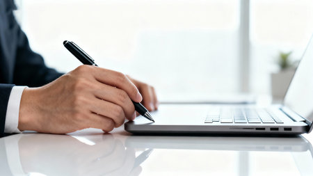 Close-up Of Businessman Hand Working On Laptop At Deskの素材