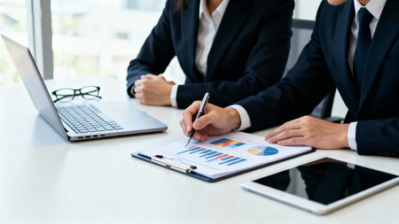 Business team meeting present. Finance managers meeting. Digital tablet laptop computer design smart phone using.の素材