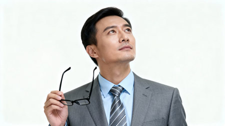 Portrait of an Asian businessman looking up while holding eyeglassesの素材