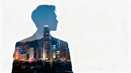 Double exposure of silhouette of business man with cityscape background. Concept of success.の素材