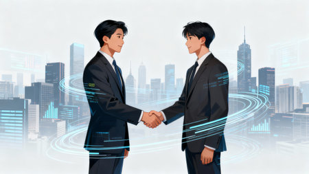 Businessman and businesswoman shaking hands in modern city with double exposure of network hologram. Concept of partnership and cooperation. Toned imageの素材