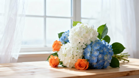 Beautiful hydrangea bouquet on wooden table near windowの素材
