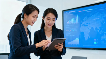Two businesswomen using digital tablet in meeting room. Business and technology concept.の素材