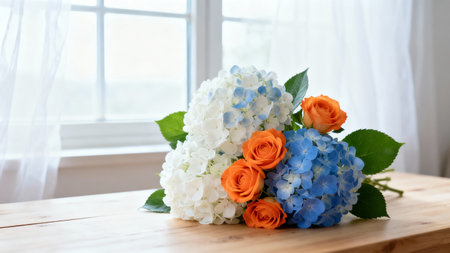 Bouquet of hydrangea flowers on a wooden tableの素材