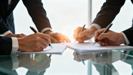 Close up of business people hands signing contract at meeting table in officeの素材