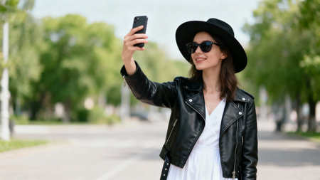 Portrait of a beautiful young woman in a hat and sunglasses taking a selfie on the streetの素材