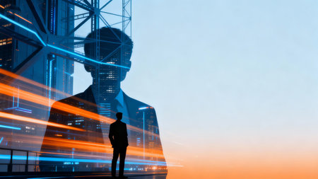 Silhouette of businessman standing on abstract city background. Double exposureの素材