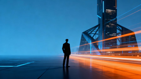 businessman looking at night city with light trails. 3d renderingの素材