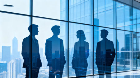 Silhouettes of business people standing in front of a glass wallの素材