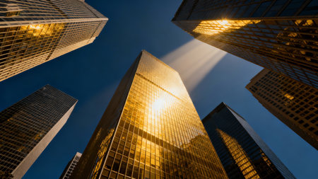 Low angle view of skyscrapers in Chicago, Illinois, USA.の素材
