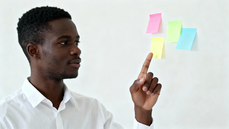African Businessman Pointing at Sticky Notes on White Background.の素材