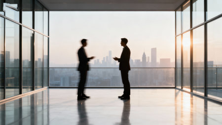 Silhouette of two business people talking in modern office with panoramic windowsの素材
