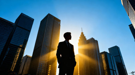 Silhouette of a young businessman in front of the skyscrapersの素材