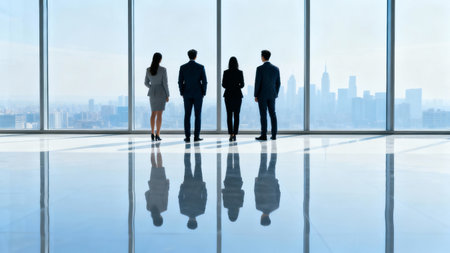 Group of business people standing in front of panoramic window in officeの素材
