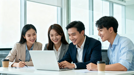 Group of business people working together with laptop in meeting room at officeの素材