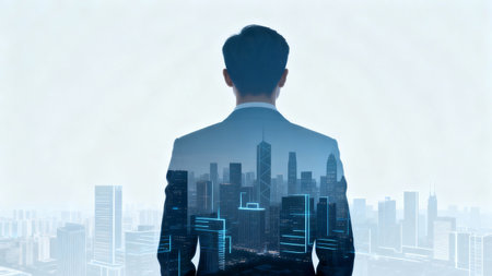 Back view of young businessman on abstract city background with double exposure of graphs. Research concept. Toned imageの素材