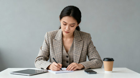 Businesswoman writing in notebook while sitting at the desk in office.の素材