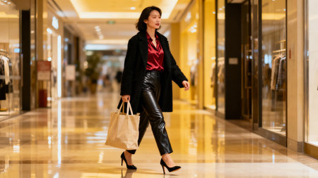 Beautiful woman with shopping bags walking in the mall. Shopping concept.の素材