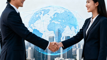 Businessman and businesswoman shaking hands with each other on the background of the world mapの素材
