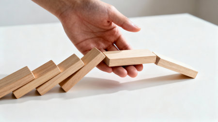 Wooden dominoes on a white table. Business concept.の素材