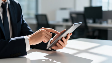 businessman using tablet computer in modern office. close up of handsの素材