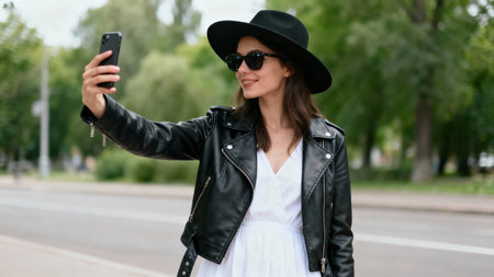 Portrait of a beautiful young woman in a black hat and sunglasses taking a selfie on the street.の素材