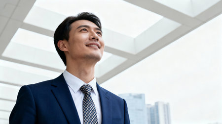 Portrait of an Asian business man smiling in a modern office buildingの素材