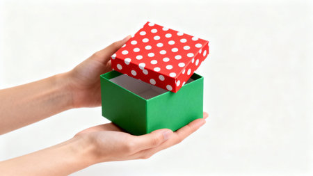 Woman's hand holding a green gift box with red polka dotsの素材