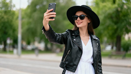 Beautiful young woman in black hat and sunglasses taking selfie on smartphone in cityの素材