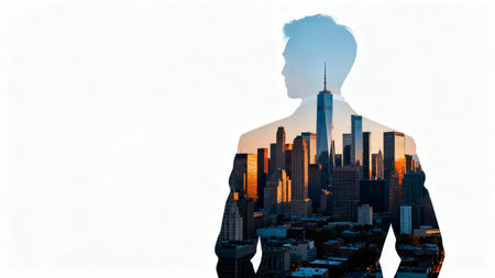 Double exposure of silhouette of businessman and modern cityscape. Concept of leadership and success.の素材