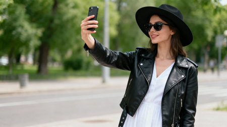 Young beautiful woman in a hat and sunglasses makes a selfie on the phoneの素材
