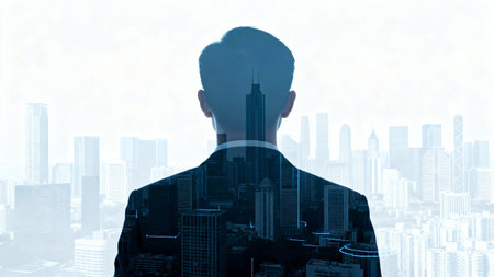Rear view of young businessman on abstract city background with double exposure of graphs. Toned imageの素材