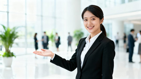 Asian business woman showing something with her hand in a modern office.の素材