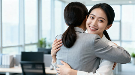 Portrait of asian businesswoman hugging her colleague in modern officeの素材
