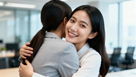 happy asian businesswoman hugging her colleague at workplace in modern officeの素材