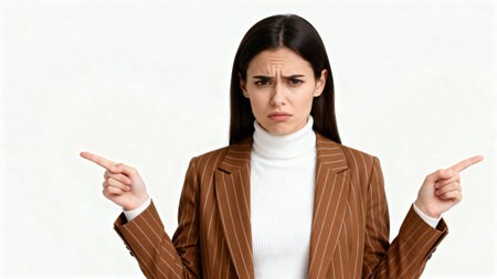 Upset businesswoman looking at camera and pointing away, isolated on whiteの素材