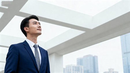 Young asian business man thinking and looking up in modern office buildingの素材