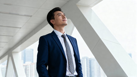 Portrait of a handsome asian business man thinking and looking upの素材