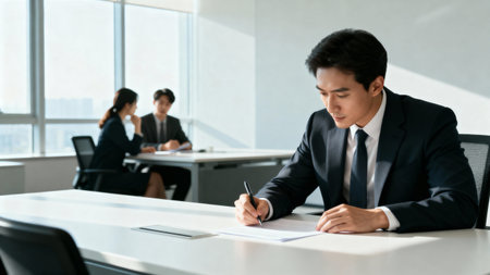 Young Asian businessman signing contract at meeting room in modern office. Businessman signing contract.の素材