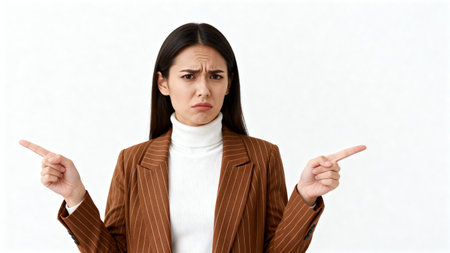 Upset young brunette businesswoman frowning and pointing at empty copy space, isolated over white backgroundの素材