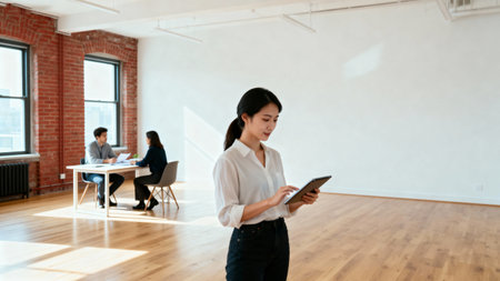 Young businesswoman using digital tablet while standing in modern office with colleagues in the backgroundの素材