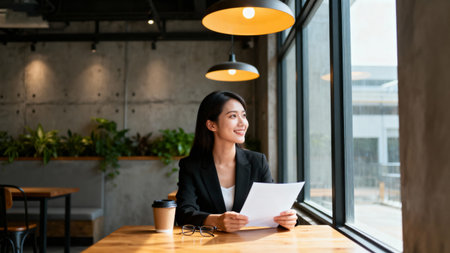 Smiling businesswoman reading document in coffee shop. Young asian businesswoman sitting in cafe and looking at camera.の素材
