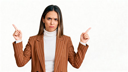 Portrait of angry business woman pointing with finger at copy space on white backgroundの素材