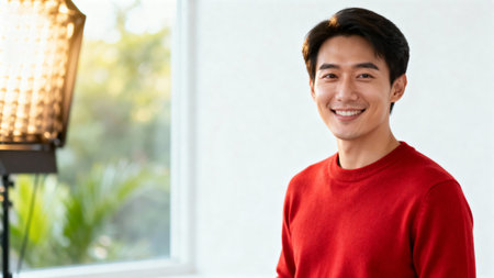 Portrait of handsome Asian man in red sweater smiling at camera.の素材