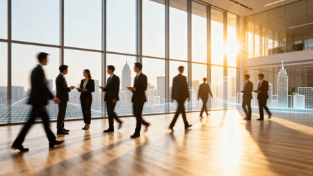 Silhouettes of business people walking in a modern office with panoramic windowsの素材