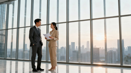 Businessman and businesswoman talking in office with panoramic windowsの素材