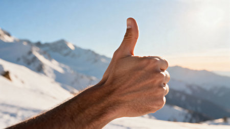Hands of a man showing thumbs up against the background of snowy mountainsの素材