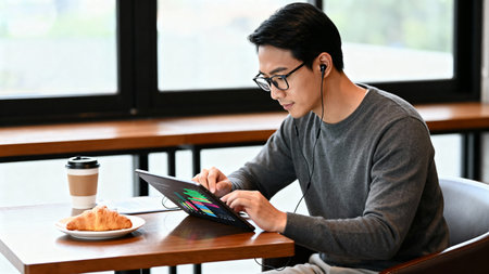 Young asian man sitting in cafe and working on tablet computer.の素材