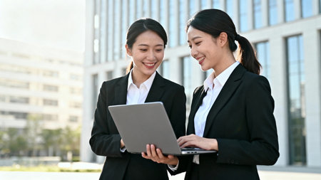 Two asian business women using laptop computer in modern office building.の素材